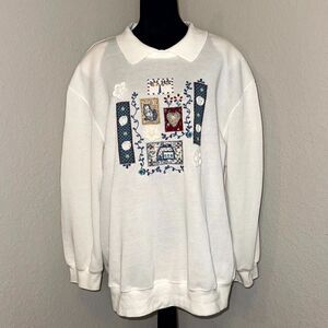 Vintage Teddi Sweatshirt Women's 2X Plus Size White Patchwork Embroidered